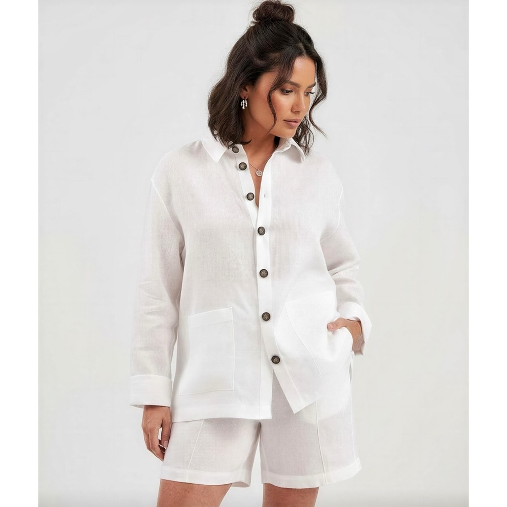SLEEPER Linen Pajama Set With Shorts, White, XS/S - Picture 4 of 14